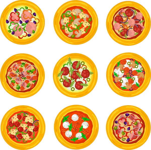 Un juego de pizza con una base y rellenos. 9 tipos de pizza con diferentes rellenos — Vector de stock