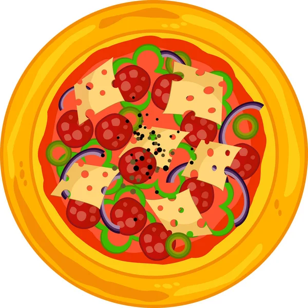 Pizza met salami, kaas, ui en peper. — Stockvector