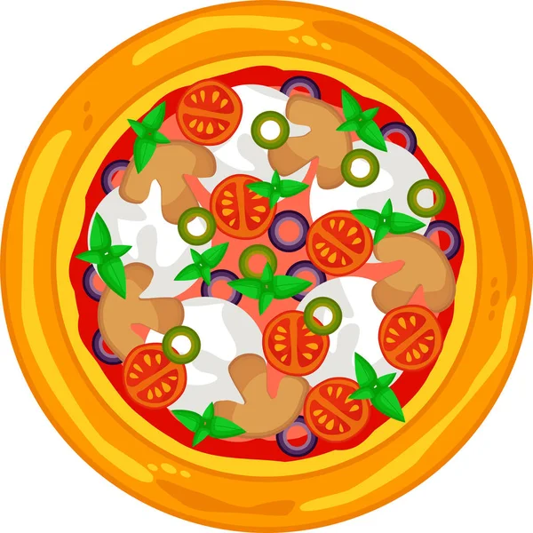 Pizza con champiñones, mozzarella, cereza, albahaca, aceitunas. — Vector de stock