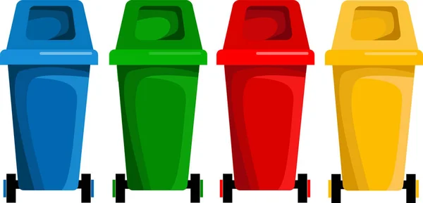 Modrá, zelená, žlutá, červená popelnice. Likvidace odpadu. — Stockový vektor