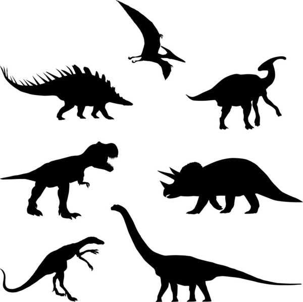 A set of seven silhouettes of dinosaurs.