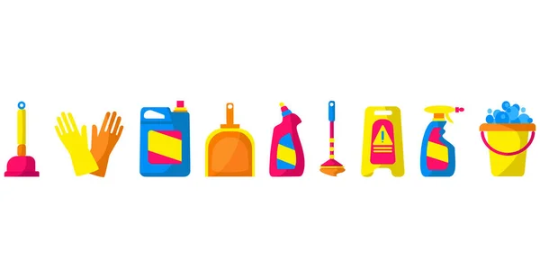 家用化学品、塑料容器、桶、拖把、柱塞、喷雾、手套. — 图库矢量图片