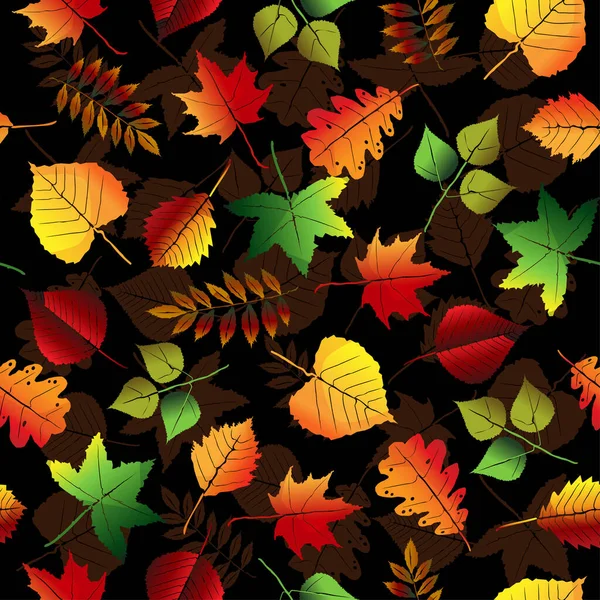 Patrón sin costuras de otoño de hojas brillantes sobre un fondo oscuro. — Archivo Imágenes Vectoriales