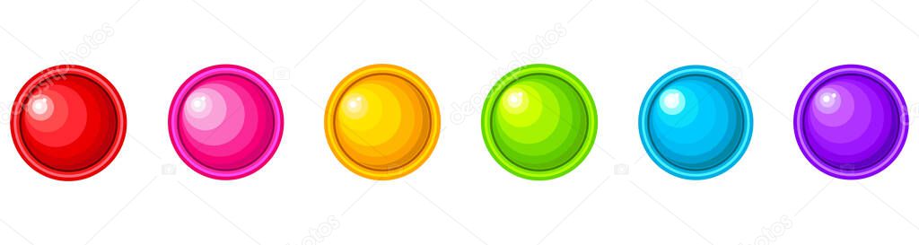 Six multi-colored balls, rainbow color on a white background.