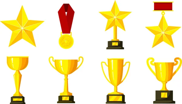 Um conjunto de prémios. Taça, medalha, zved. Copos de ouro para vencedores e outros troféus esportivos. —  Vetores de Stock