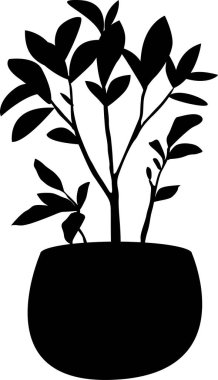 Saksı bitkisinin vektör görüntüsü, beyaz arkaplanda izole edilmiş siyah çiçek silueti..