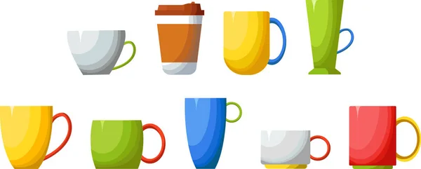 En uppsättning flerfärgat te och kaffe koppar på en vit bakgrund. — Stock vektor