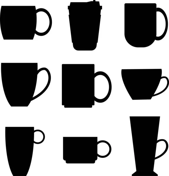 A set of black silhouettes of tea and coffee cups on a white background. Collection of coffee cup and tea cup. — Stock Vector