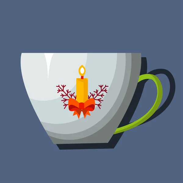 Una pequeña taza de té gris sobre un fondo gris, con una decoración navideña. — Vector de stock