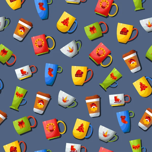 Seamless pattern on a gray background, with a set of tea and coffee mugs and cups with a Christmas decoration. — Stock Vector