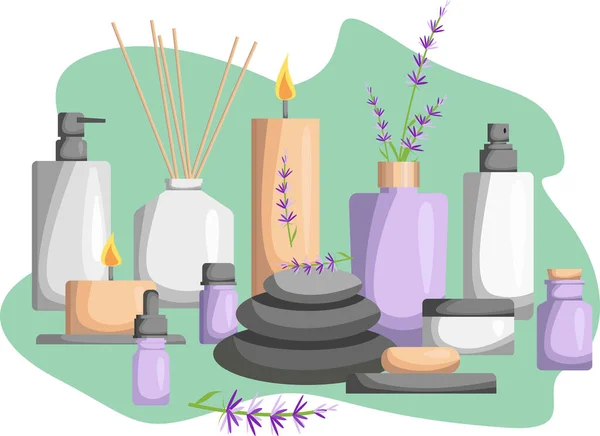 Illustration Für Einen Wellnesssalon Kerzen Öle Enthaarung Beauty Behandlungen Und — Stockvektor