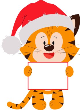 Sevimli, küçük bir kaplan yavrusu yazı için bir tabelayla duruyor. .