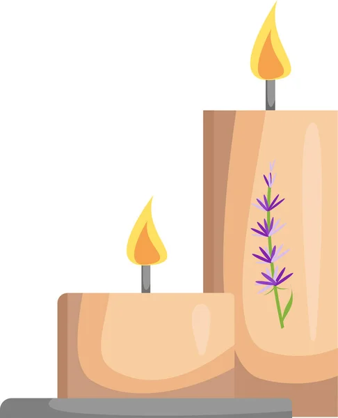 Duas velas de cera com um ramo de lavanda. —  Vetores de Stock