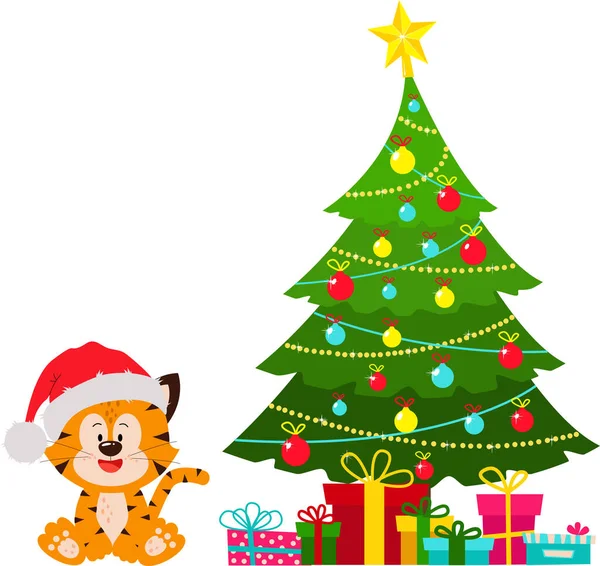 La tigre è seduta all'albero di Natale con dei regali. — Vettoriale Stock