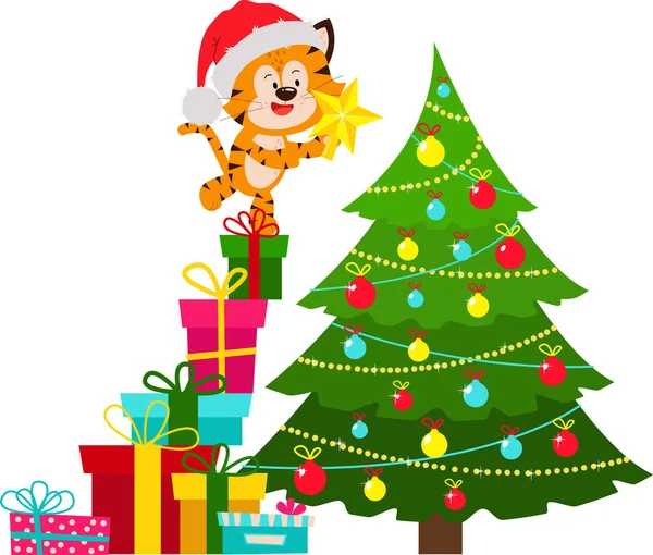 Una tigre sta decorando un albero di Natale. — Vettoriale Stock