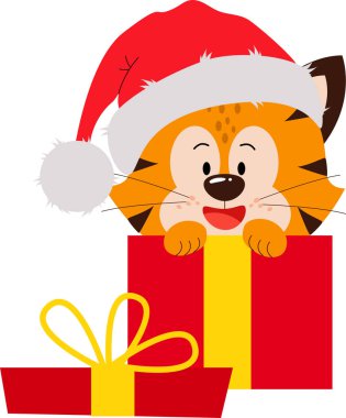 Kırmızı şapkalı bir kaplan yavrusu hediye olarak oturuyor.