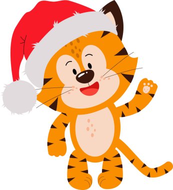 Küçük bir kaplan yavrusu kırmızı bir şapkanın içinde patisini sallıyor..