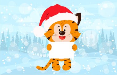 A Christmas card. A tiger with an empty scoreboard . clipart