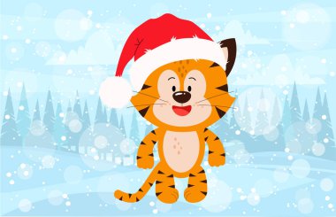 Kış ormanında bir kaplan yavrusu var..