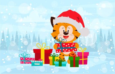 Kaplan yavrusu kış ormanından hediyelerle oturuyor..