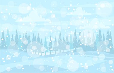 Kış manzarası. Ağaçların arkasında kar yağıyor..