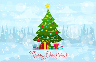 Kış ormanında hediyelerle süslenmiş bir Noel ağacı var..