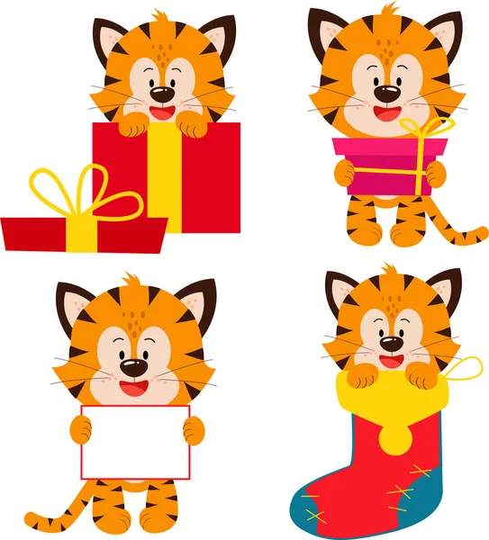 Cuatro cachorros de tigre. Una tarjeta de Navidad. El año es 2022. — Archivo Imágenes Vectoriales