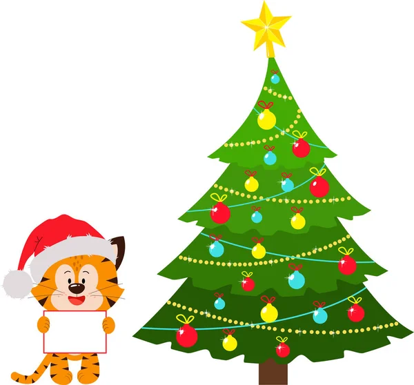 Un cucciolo di tigre con una lavagna e un albero di Natale decorato. — Vettoriale Stock
