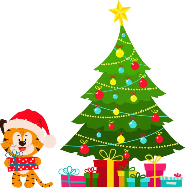 Un cucciolo di tigre con un regalo e un albero di Natale decorato. — Vettoriale Stock