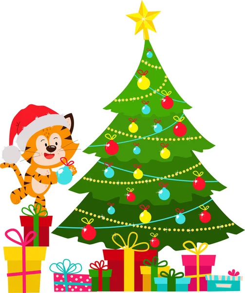 Un cucciolo di tigre veste un albero di Natale per la celebrazione del nuovo anno. — Vettoriale Stock