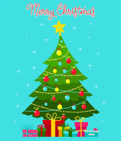 A postcard with a Christmas tree and gifts. — Stock Vector