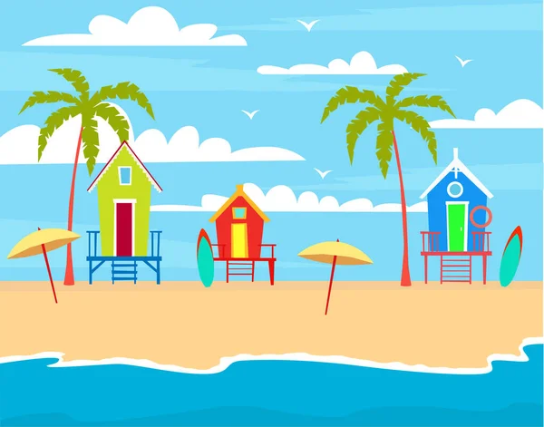 Ilustración con casas de playa en la orilla del mar. — Vector de stock