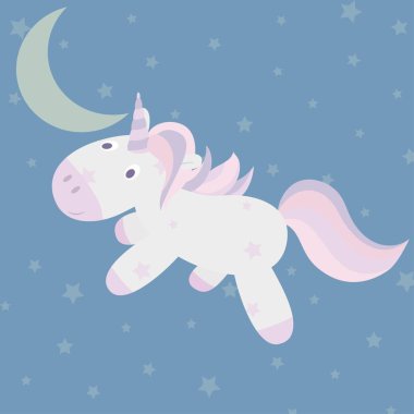 Sevimli küçük tek boynuzlu at yıldızların arasından gece gökyüzünde uçuyor.