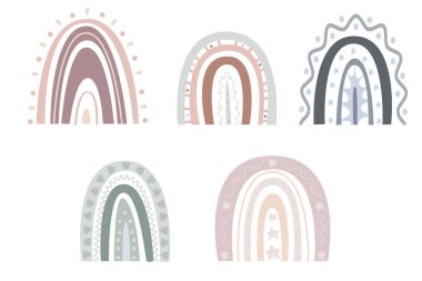 Şirin gökkuşağı, soyut yıldız, noktalar ve çizgi İskandinav tarzı. Çocuklar ve çantalar için tekstil yazdır