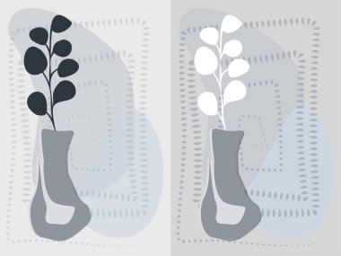 Okaliptüs ve geometri arka planına sahip soyut gri vazo. İç posterler.