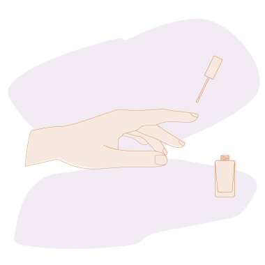 Renkli soyut lekelerin arka planına sahip tırnak cilası ve ojeli bir el. Manikür