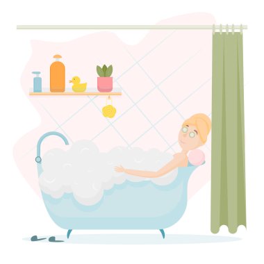 Kız köpük banyosu yapıyor. Düz stil bir kadın. Banyo içi. Şampuan kavanozları, bez, duş perdesi ve terlikler.