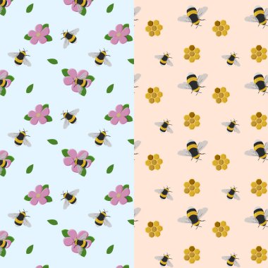 Bir dizi kusursuz desen. Çiçekteki yaban arıları ve mavi ve şeftali rengi arka plandaki bal tarakları. Yazdırma kağıdı, tekstil giysileri