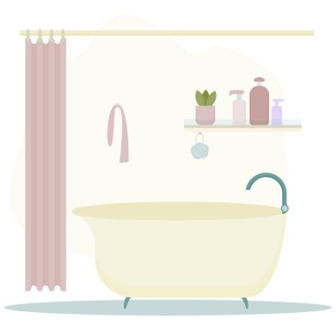 Banyo sarısı iç tarafı. Banyo, banyo paspası, duş perdesi ve bez..