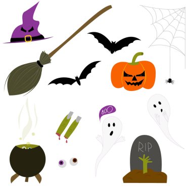 Korkunç bir Cadılar Bayramı için bir takım elementler. Süpürge ve şapkalı cadı parmakları. Mezardan bir el.