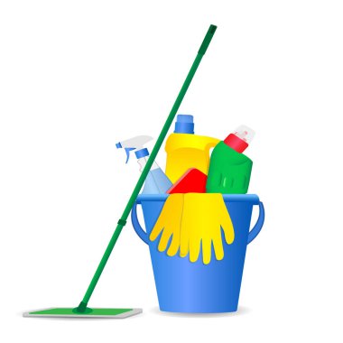 Temizlik için bir dizi temizlik ürünü..