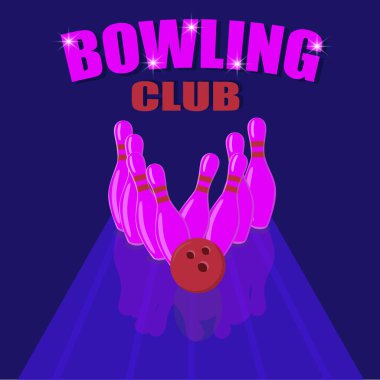 Bowling mor iğneleri ve kırmızı top. Pankart, poster, broşür, kartpostal, etiket için gerçekçi nesneler. Vektör illüstrasyonu