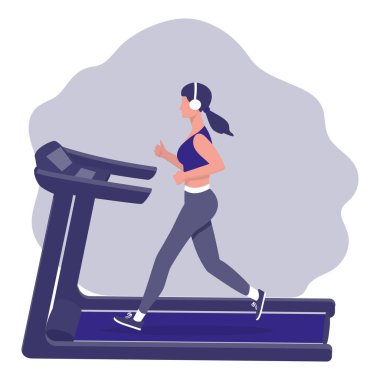 Koşu bandındaki bir kızın görüntüsü. Simülatörler üzerinde kardiyo egzersizi. Vektör.