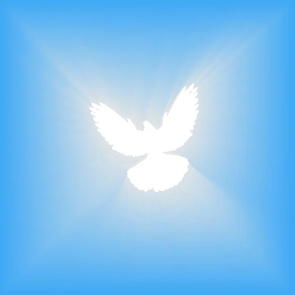 Летящий голубь. Синий фон с яркими лучами. Пасха. Символ чистоты. Христианская вера Святой Дух. Векторная иллюстрация. — стоковый вектор