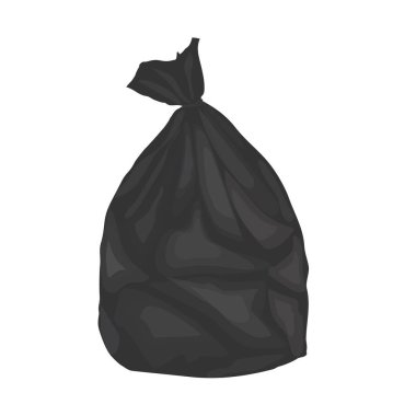 Siyah plastik çöp torbası. Beyaz arkaplanda izole edilmiş. Çizgi film tarzında vektör illüstrasyonu.