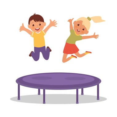 Çocukların boş zamanlarında zıplama konsepti. Mutlu çocuk ve kız trambolinde zıplıyorlar. Yaz tatili ve eğlence. Vektör düz resimleme.