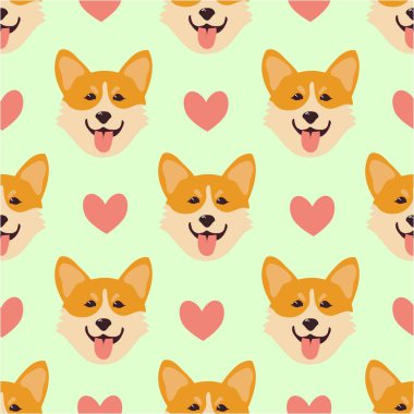Corgi 'de kusursuz desen var. Köpek suratlı bir arka plan. Vektör düz resimleme.
