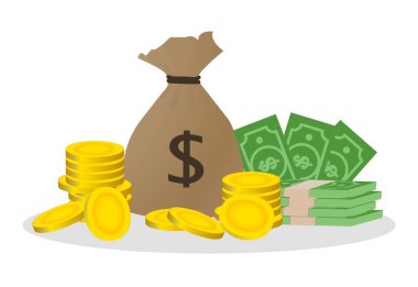 Altın paralarla dolu para çantası. Bir deste dolar. Vektör çizgi film illüstrasyonu.