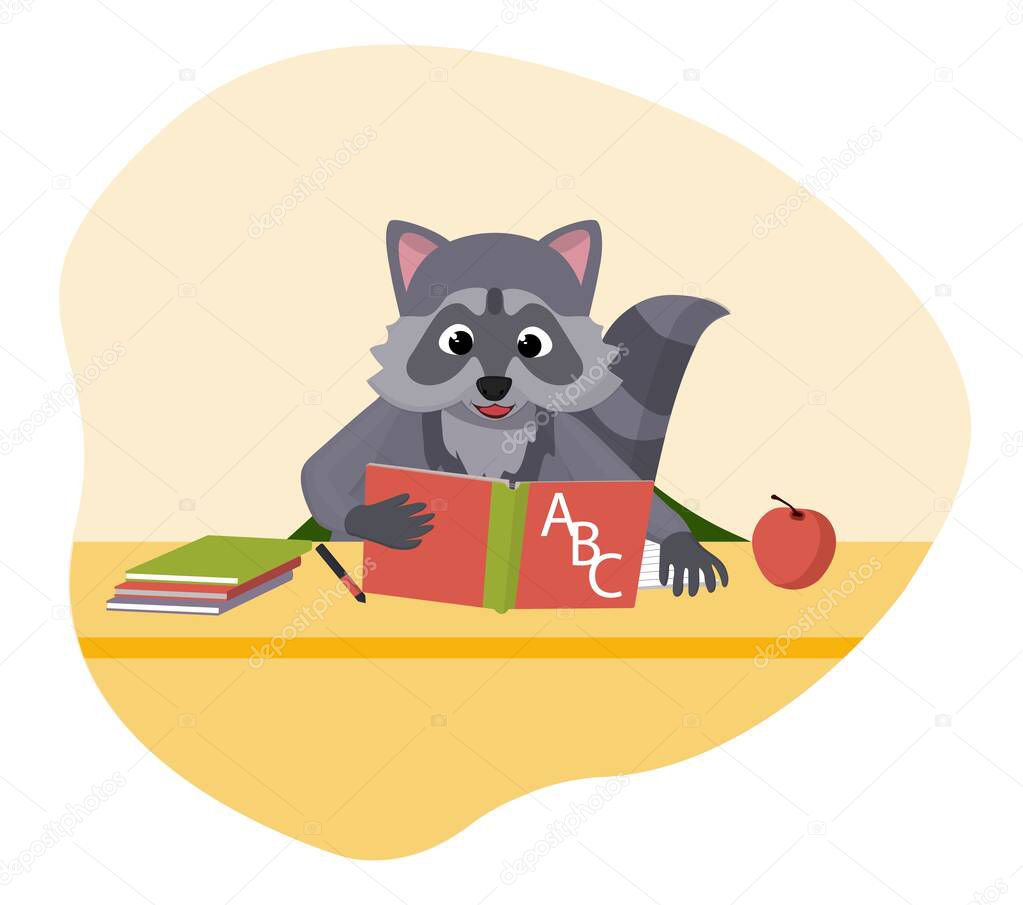 Little cute raccoon sits at a desk and learns from the ABC book.Vector childrens illustration