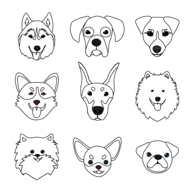 Köpek kafası karalama simgeleri. Beyaz arkaplanda vektör illüstrasyonu izole edildi.